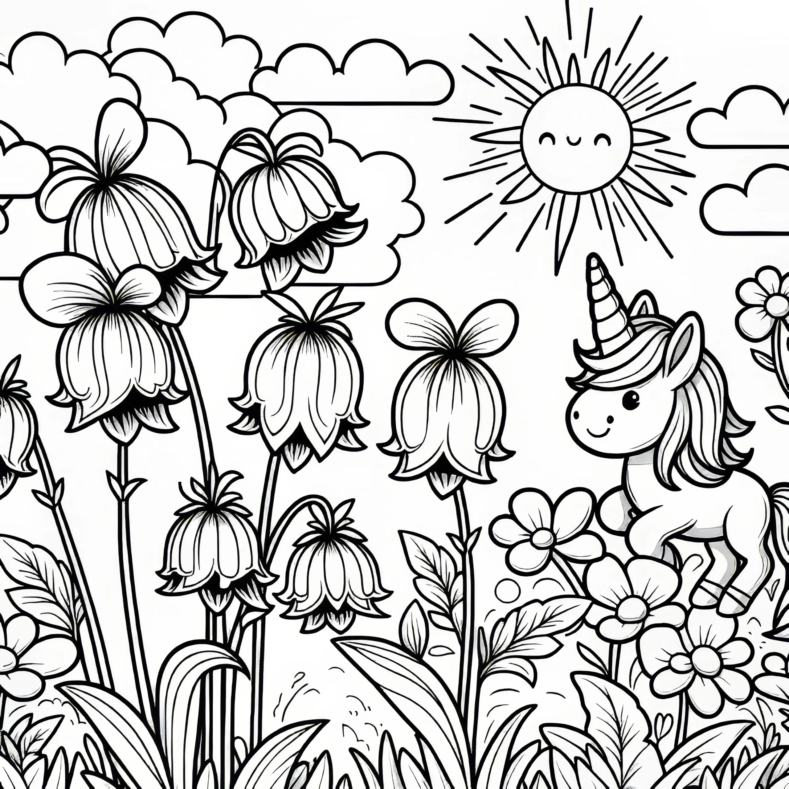 Glockenblumen Blüten mit Einhorn als Ausmalbild (Gratis)