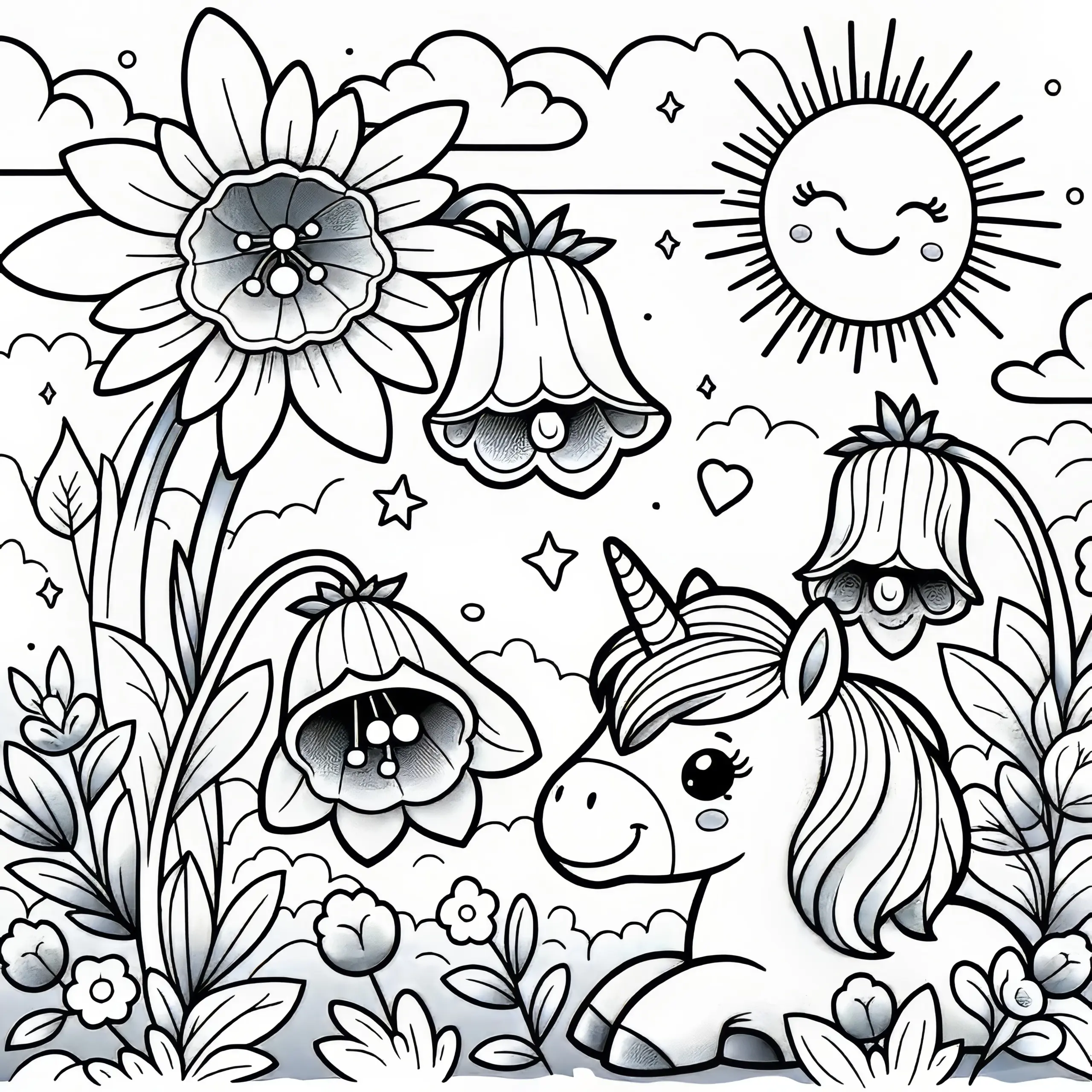 Glockenblumen Blüten mit Einhorn und strahlender Sonne: Malvorlage für Kinder (Gratis) (Ausmalbild)
