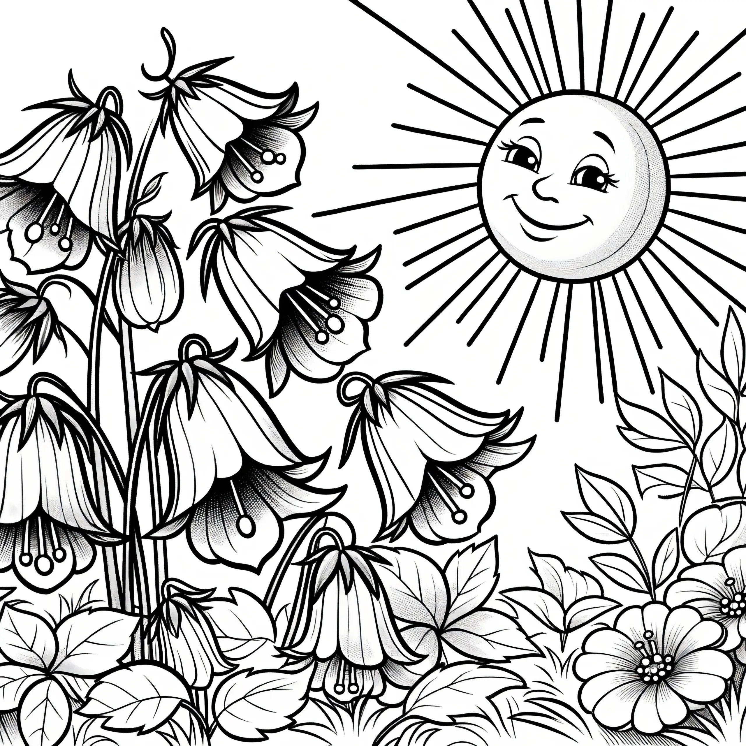 Glockenblumen Blüten im Sonnenschein als Ausmalbild: Gratis zum Download