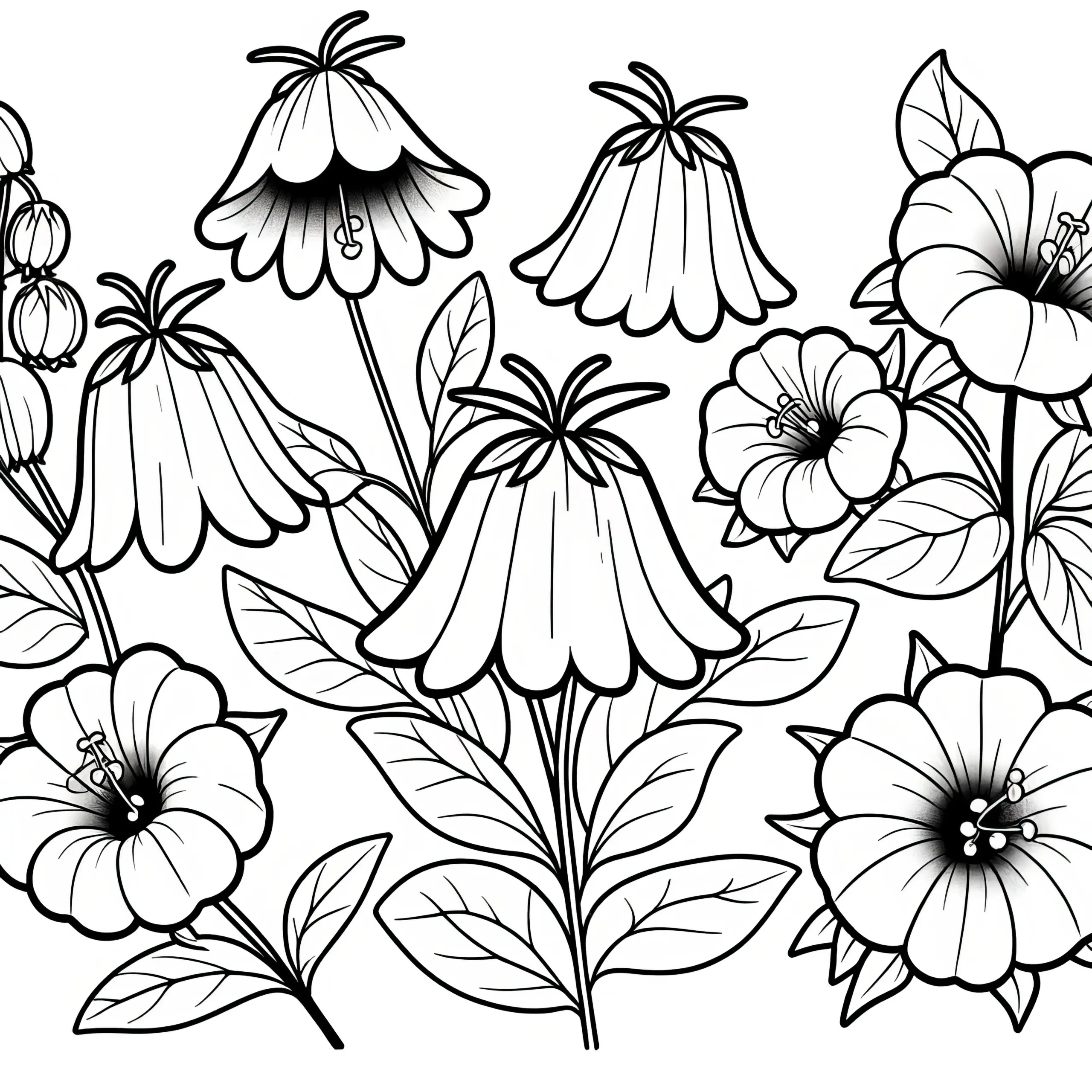 Glockenblumen in voller Blüte: Ausmalbild zum Download (Gratis)