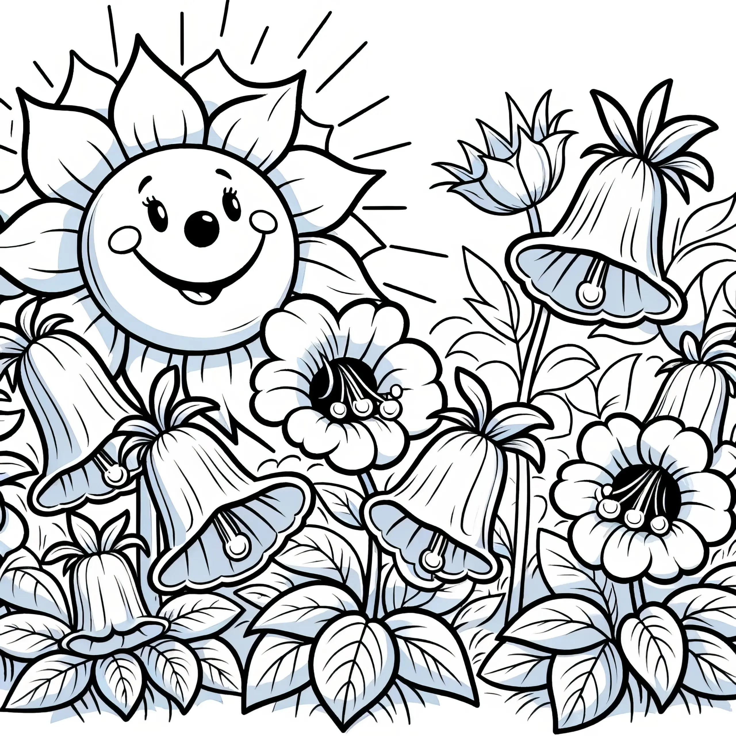 Glockenblumen auf der Wiese mit Sonne als Ausmalbild (Gratis)