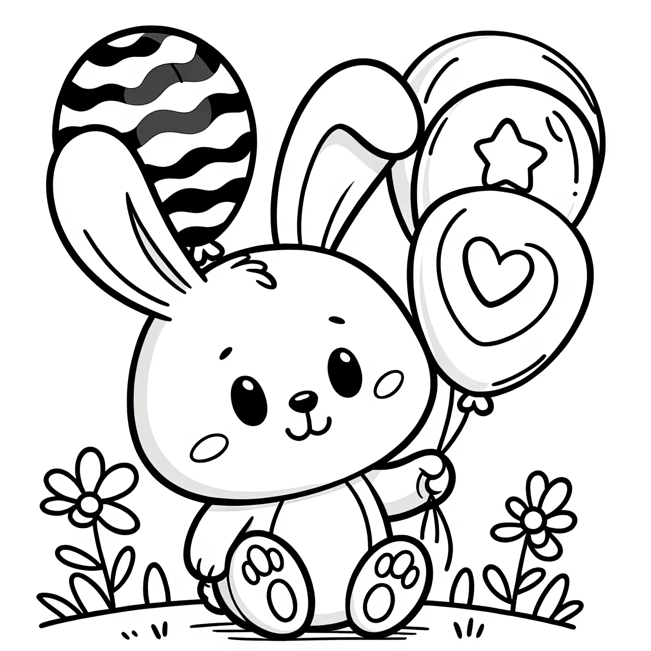 Glücklicher Osterhase mit Luftballons auf Blumenwiese: Einfaches Ausmalbild (Kostenlos)