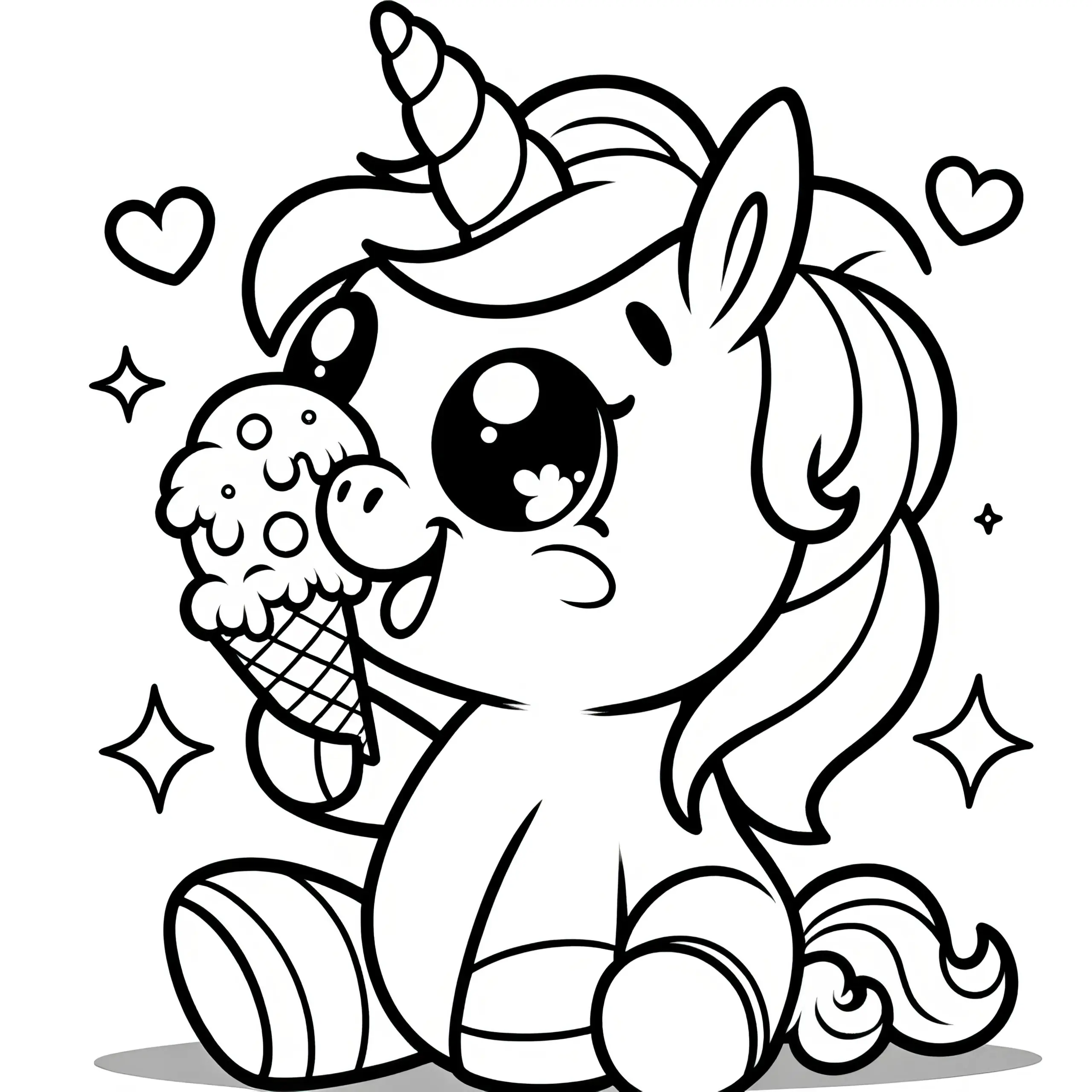 Glückliches Einhorn schleckt ein Eis: Einfache Malvorlage für Kinder (Kostenlos) (Ausmalbild)