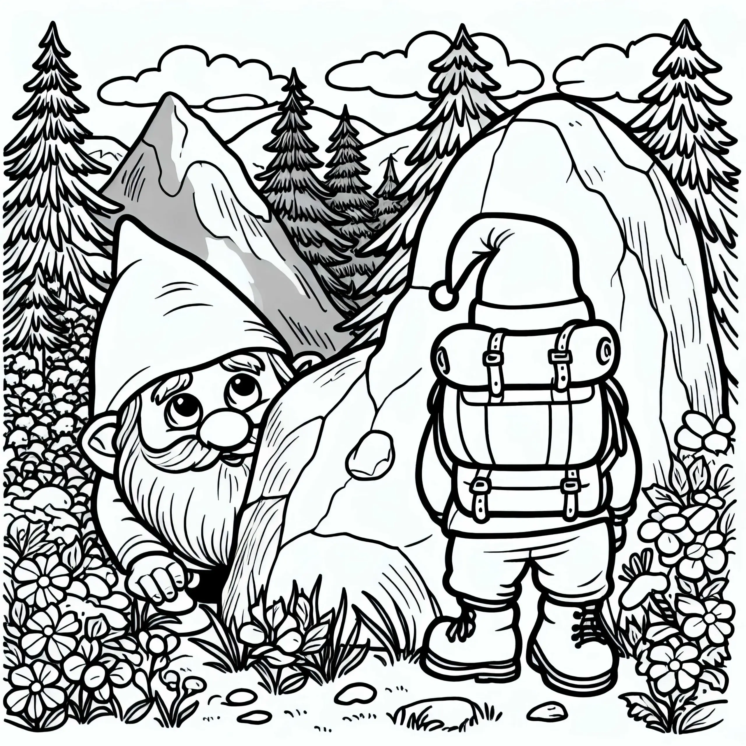 Ein gnom versteckt sich hinter einem Stein und späht neugierig auf Wanderer (Ausmalbild)