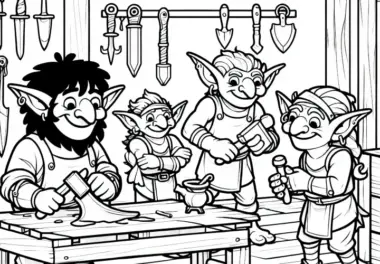 Goblins arbeiten in der Werkstatt und schmieden Waffen – Malvorlage gratis