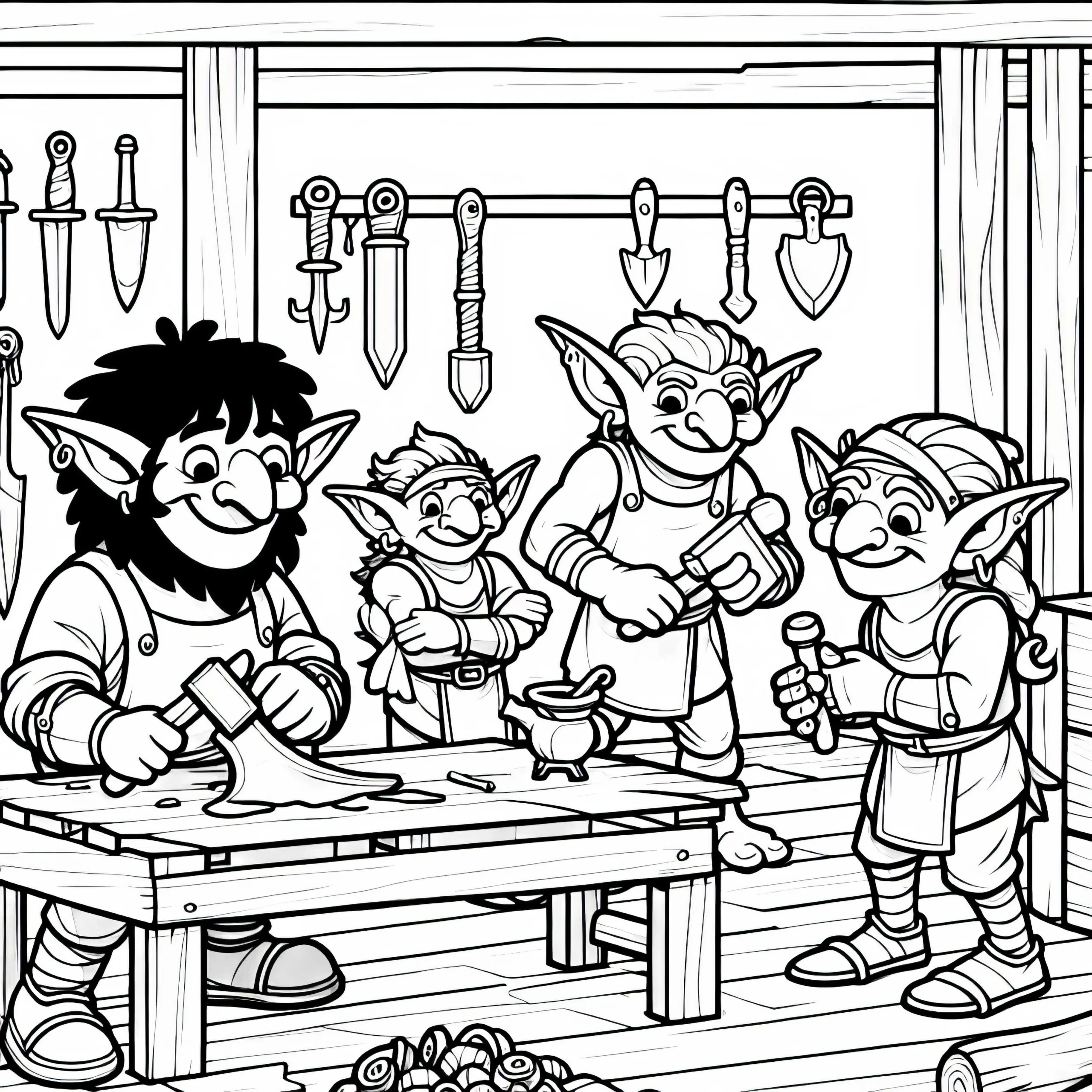 Goblins arbeiten in der Werkstatt und schmieden Waffen – Malvorlage gratis (Ausmalbild)