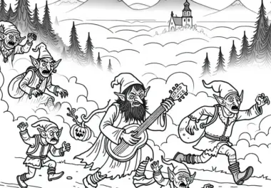 Goblins jagen Reisende auf nebligem Pfad – Malvorlage kostenlos