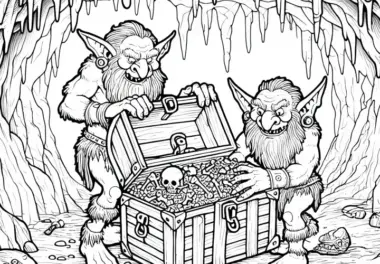 Goblins plündern Schatztruhe in Höhle – Malvorlage kostenlos