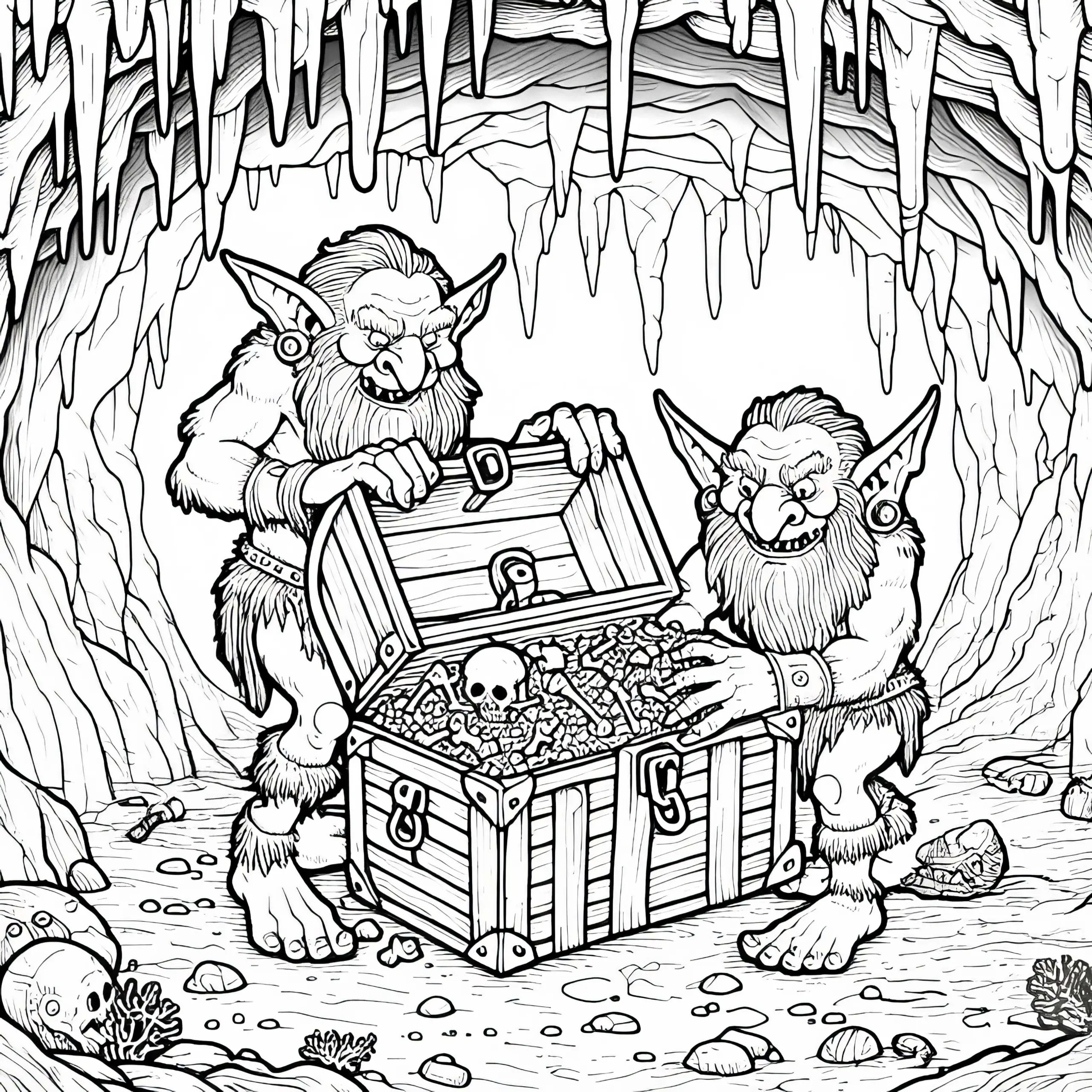 Goblins plündern Schatztruhe in Höhle – Malvorlage kostenlos (Ausmalbild)