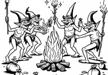 Goblins tanzen um das Lagerfeuer und feiern mit Beutestücken – Malvorlage kostenlos
