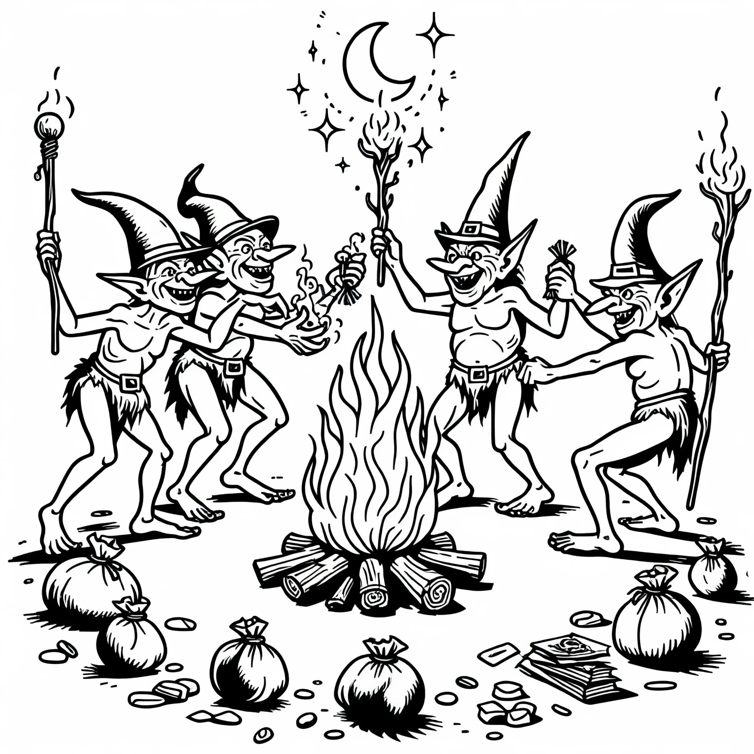 Goblins tanzen um das Lagerfeuer und feiern mit Beutestücken – Malvorlage kostenlos (Ausmalbild)
