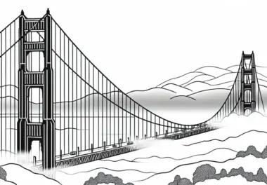 Golden Gate Bridge in San Francisco mit Nebelschwaden – Ausmalbild für Nordamerika kostenlos herunterladen