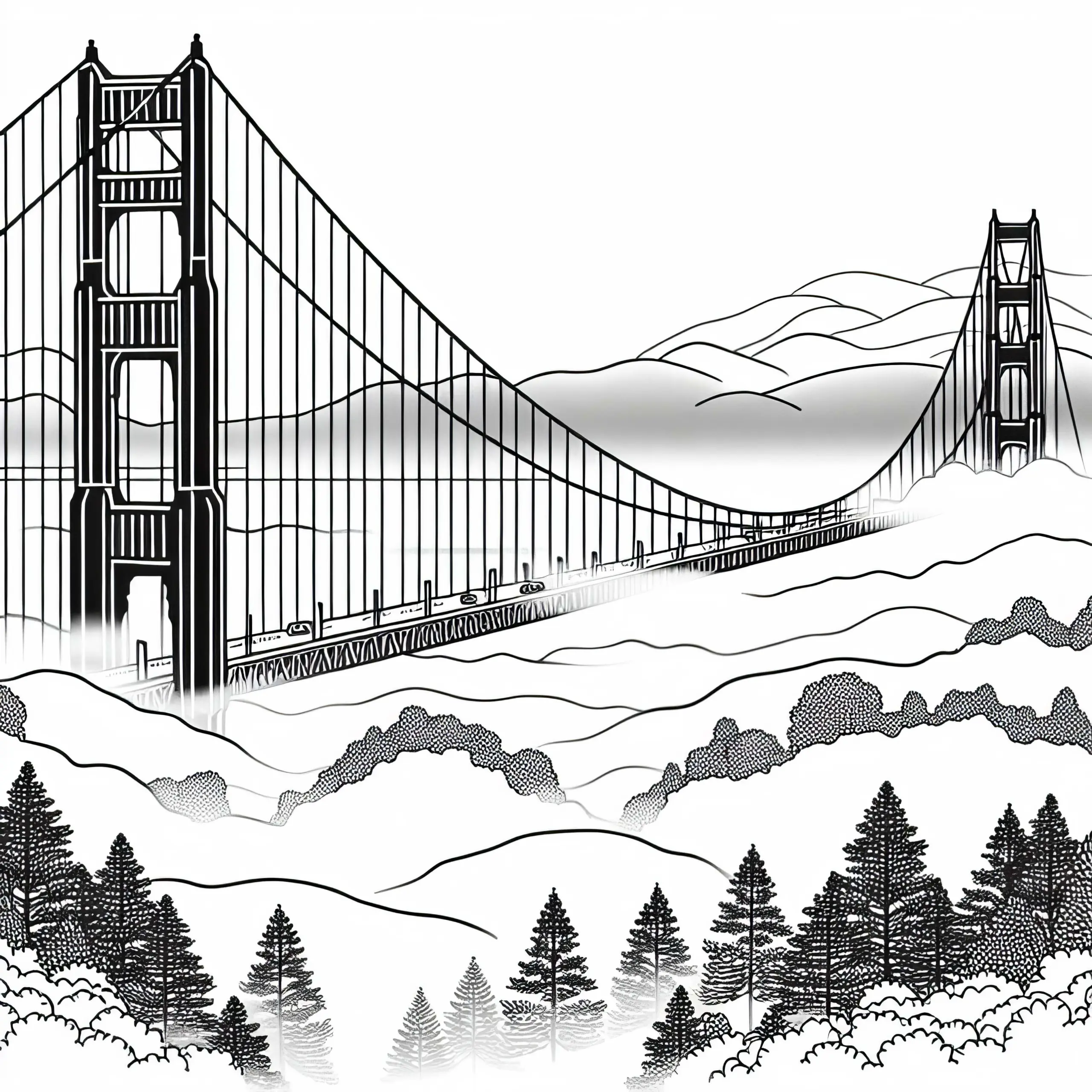 Golden Gate Bridge in San Francisco mit Nebelschwaden – Ausmalbild für Nordamerika kostenlos herunterladen