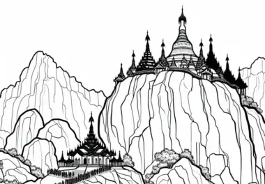 Goldene Felsen von Kyaiktiyo in Myanmar mit Pilgern – Ausmalbild für Asien kostenlos