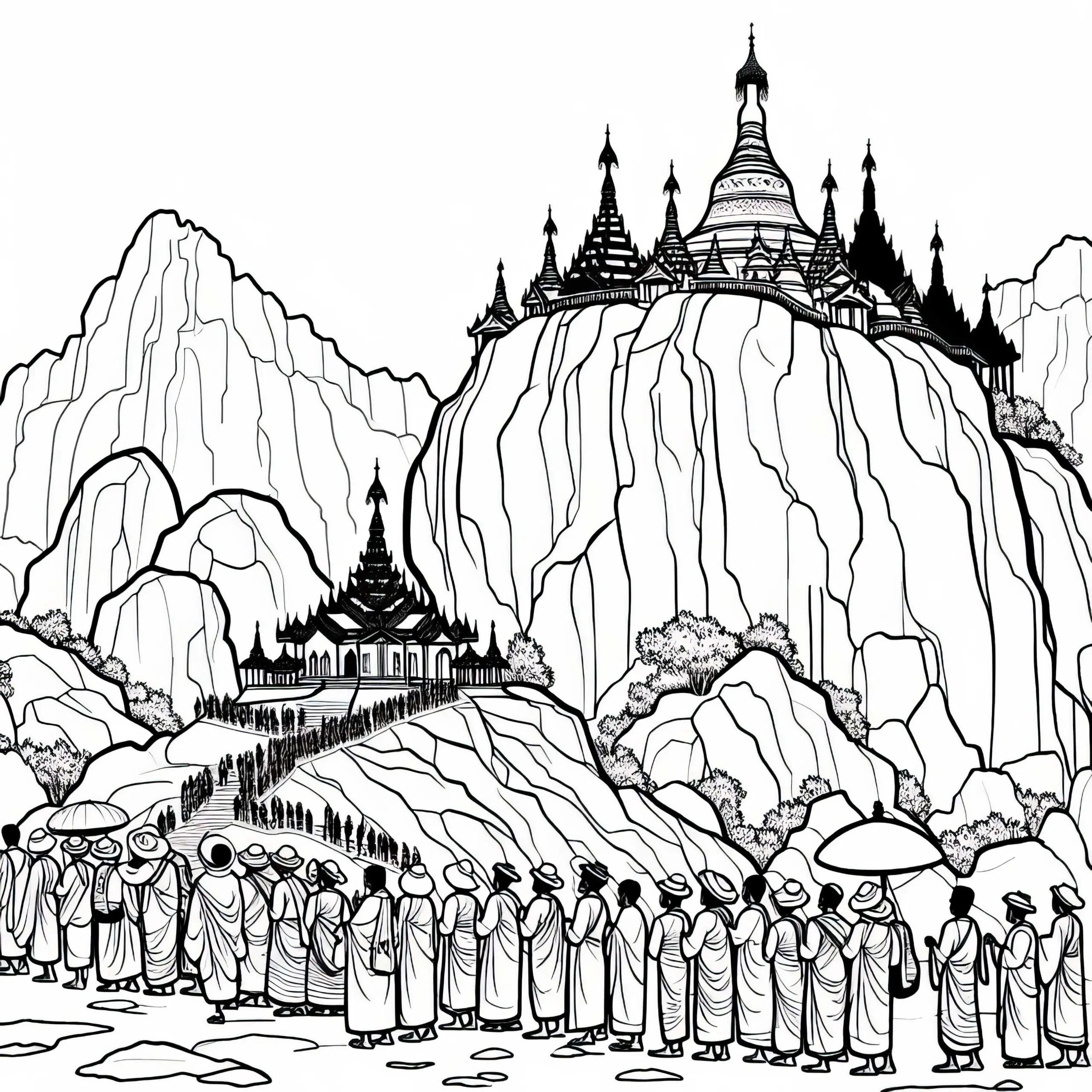 Goldene Felsen von Kyaiktiyo in Myanmar mit Pilgern – Ausmalbild für Asien kostenlos
