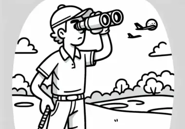 Golfer analysiert Entfernung mit Fernglas – Malvorlage gratis