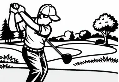 Golfer schlägt mit Driver den Ball vom Tee – Ausmalbild gratis