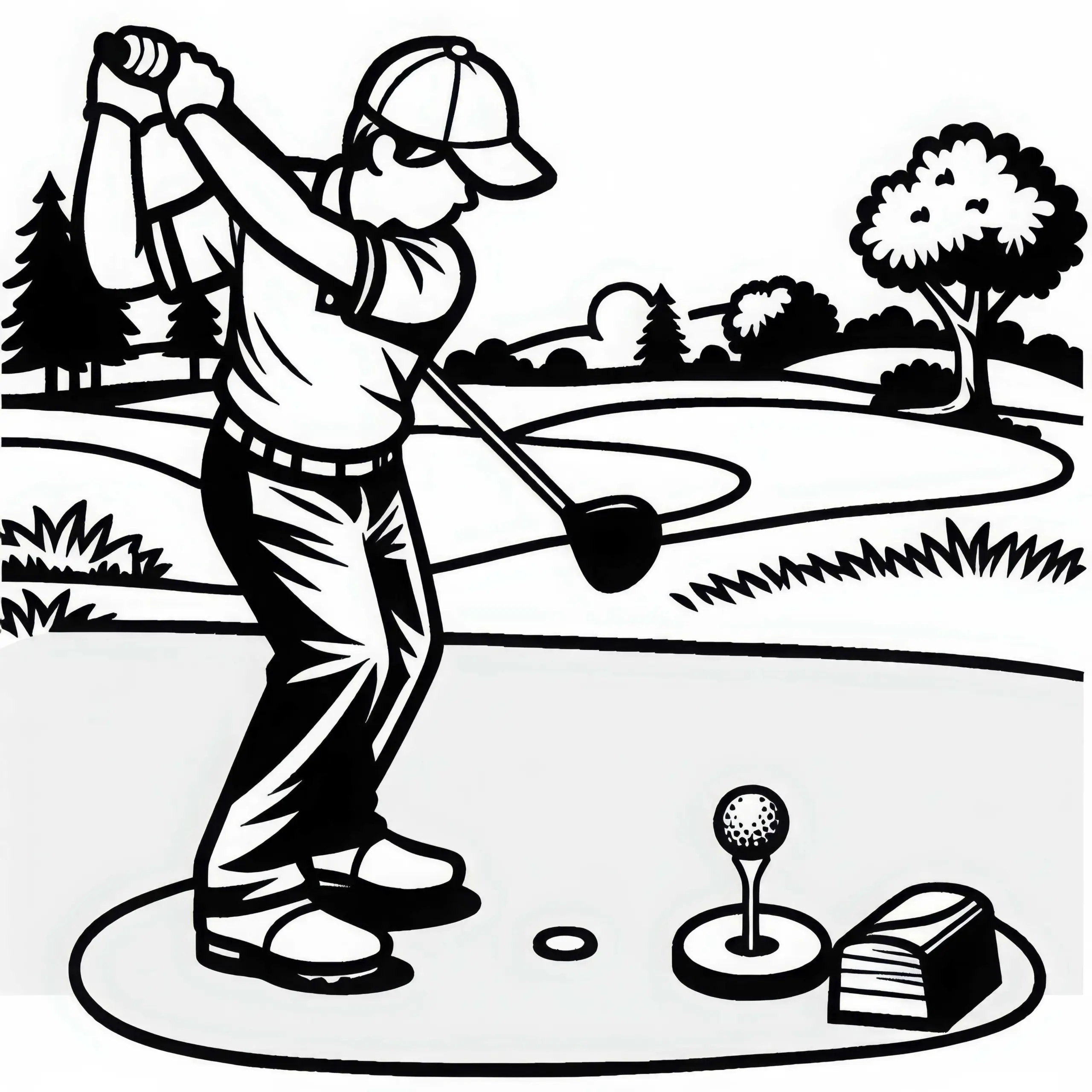 Golfer schlägt mit Driver den Ball vom Tee – Ausmalbild gratis