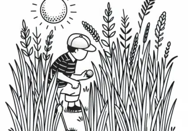 Golfer sucht Ball im hohen Gras – Malvorlage kostenlos