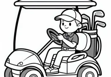 Golfspieler fährt mit Golfcart über den Platz – Malvorlage gratis