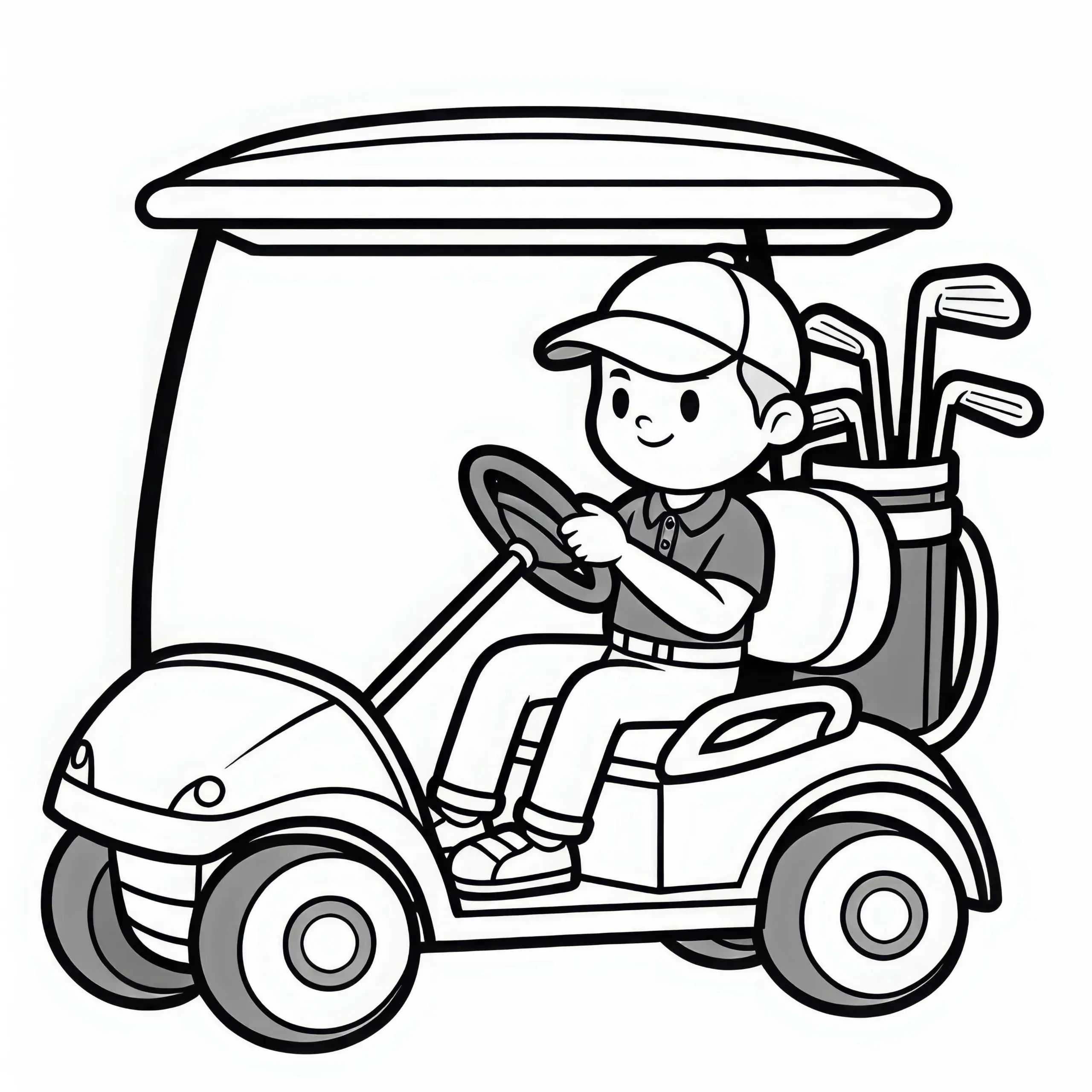 Golfspieler fährt mit Golfcart über den Platz – Malvorlage gratis (Ausmalbild)