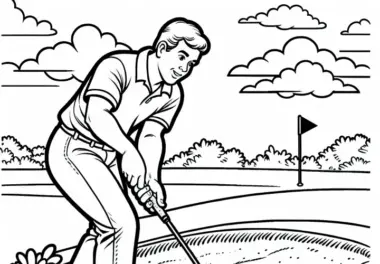 Golfspieler spielt aus Sandbunker – Ausmalbild kostenlos