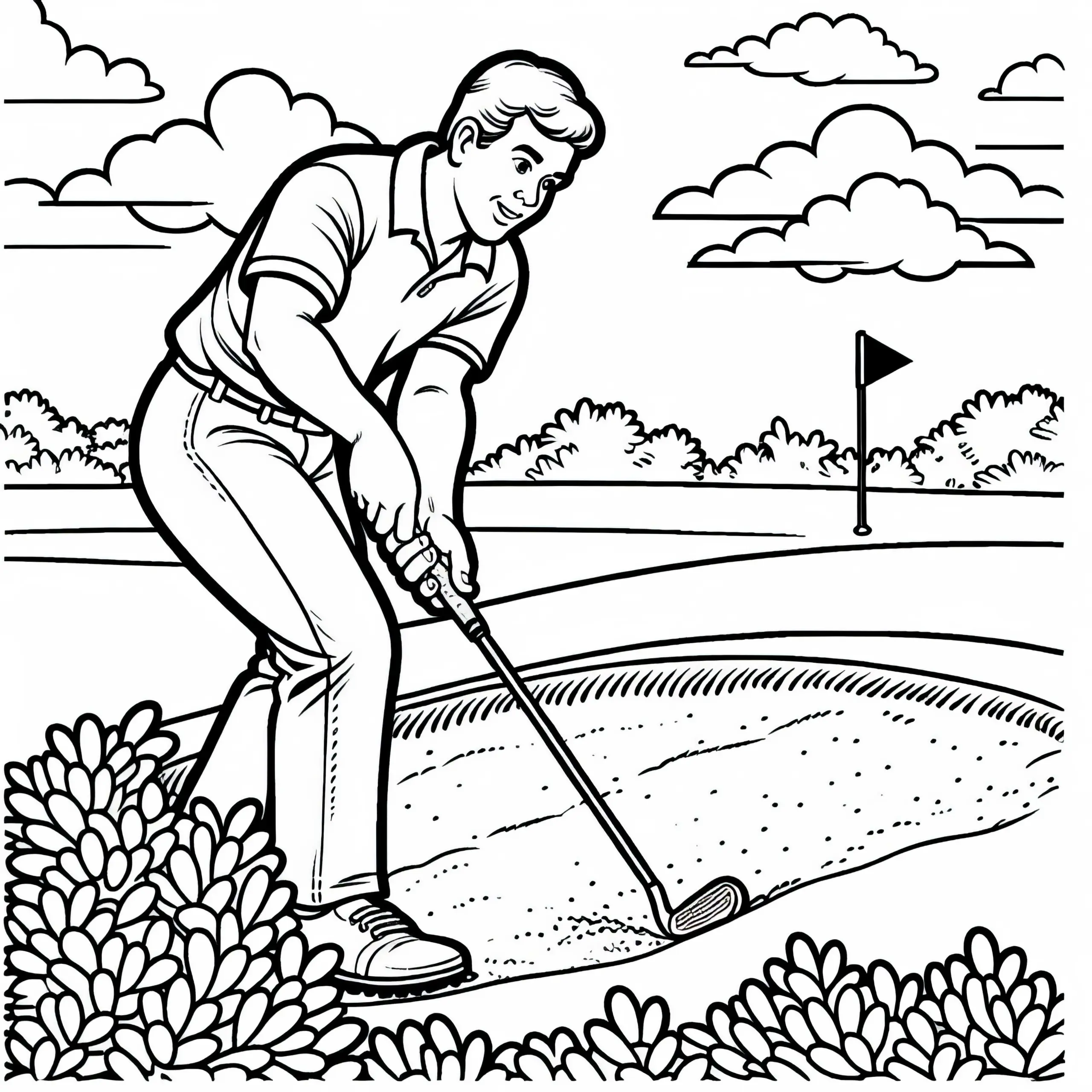Golfspieler spielt aus Sandbunker – Ausmalbild kostenlos