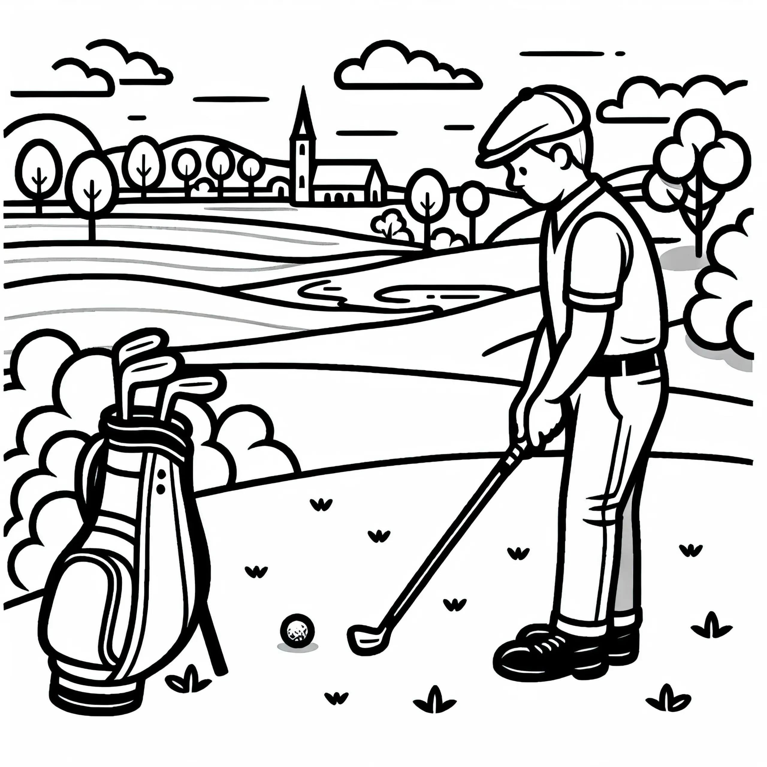 Golfspieler studiert die Position des Balls – Malvorlage gratis (Ausmalbild)