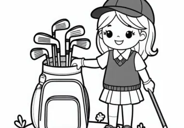 Golfspielerin trägt Golftasche mit Schlägern – Ausmalbild gratis