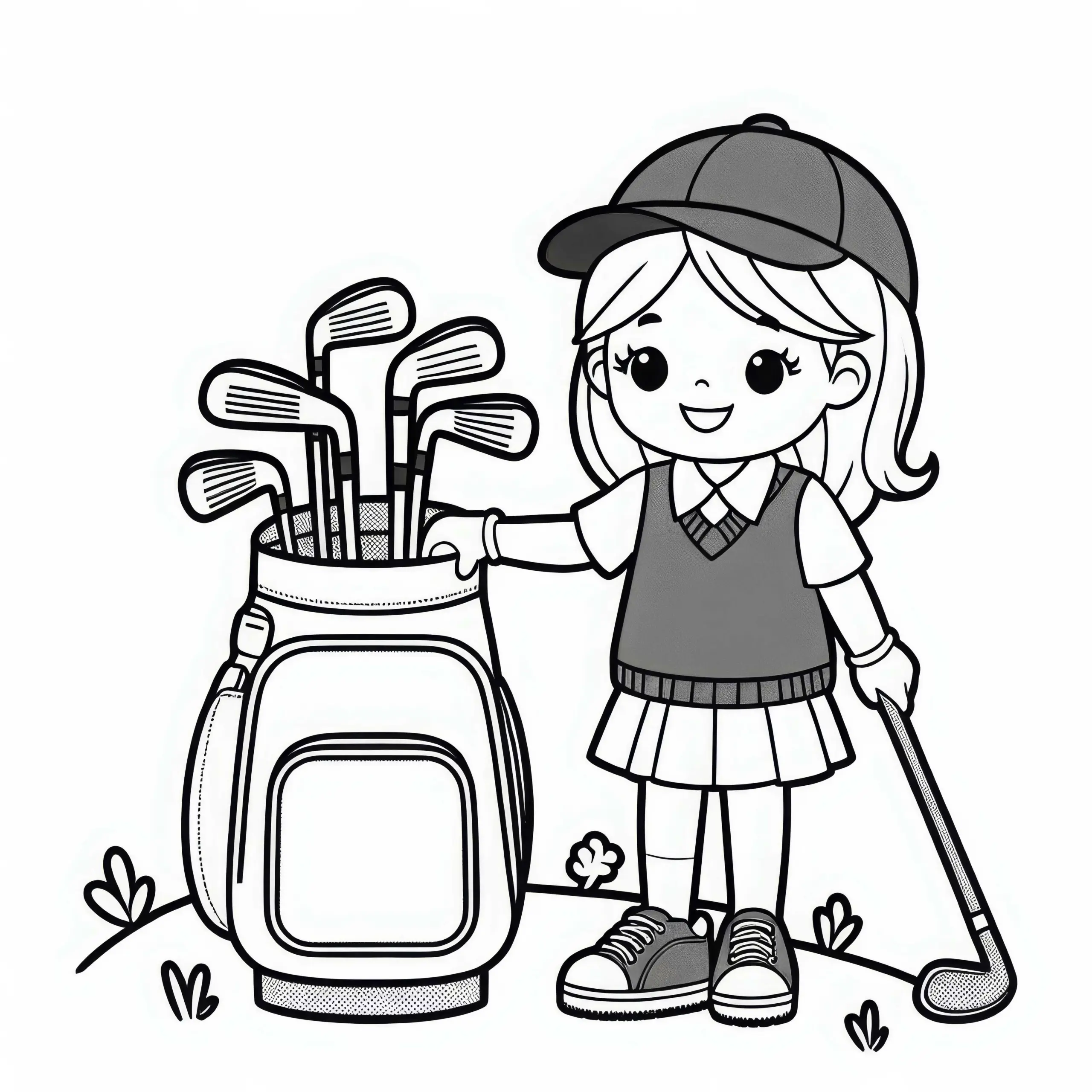 Golfspielerin trägt Golftasche mit Schlägern – Ausmalbild gratis