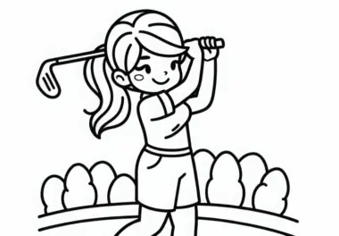 Golfspielerin übt Abschläge auf der Driving Range – Malvorlage kostenlos