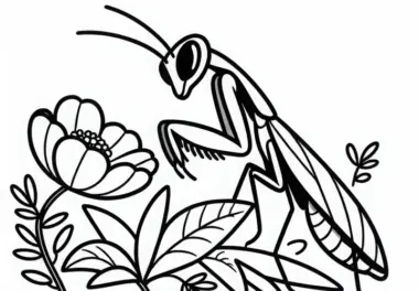 Gottesanbeterin sitzt auf Blume und schaut neugierig umher – Ausmalbild kostenlos herunterladen