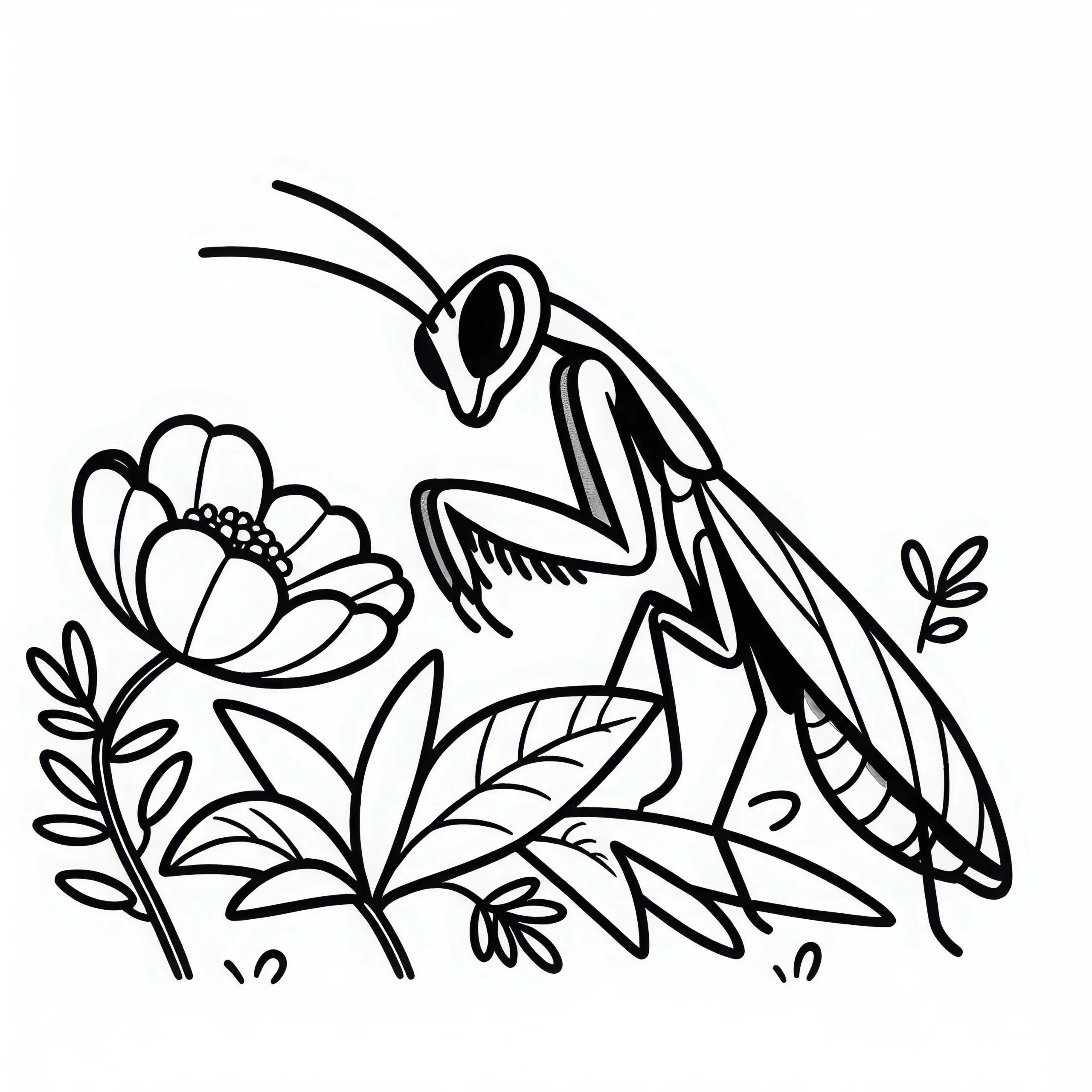 Gottesanbeterin sitzt auf Blume und schaut neugierig umher – Ausmalbild kostenlos herunterladen