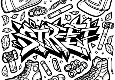 Graffiti mit dem Wort Street umgeben von Rollschuhen – Ausmalbild gratis