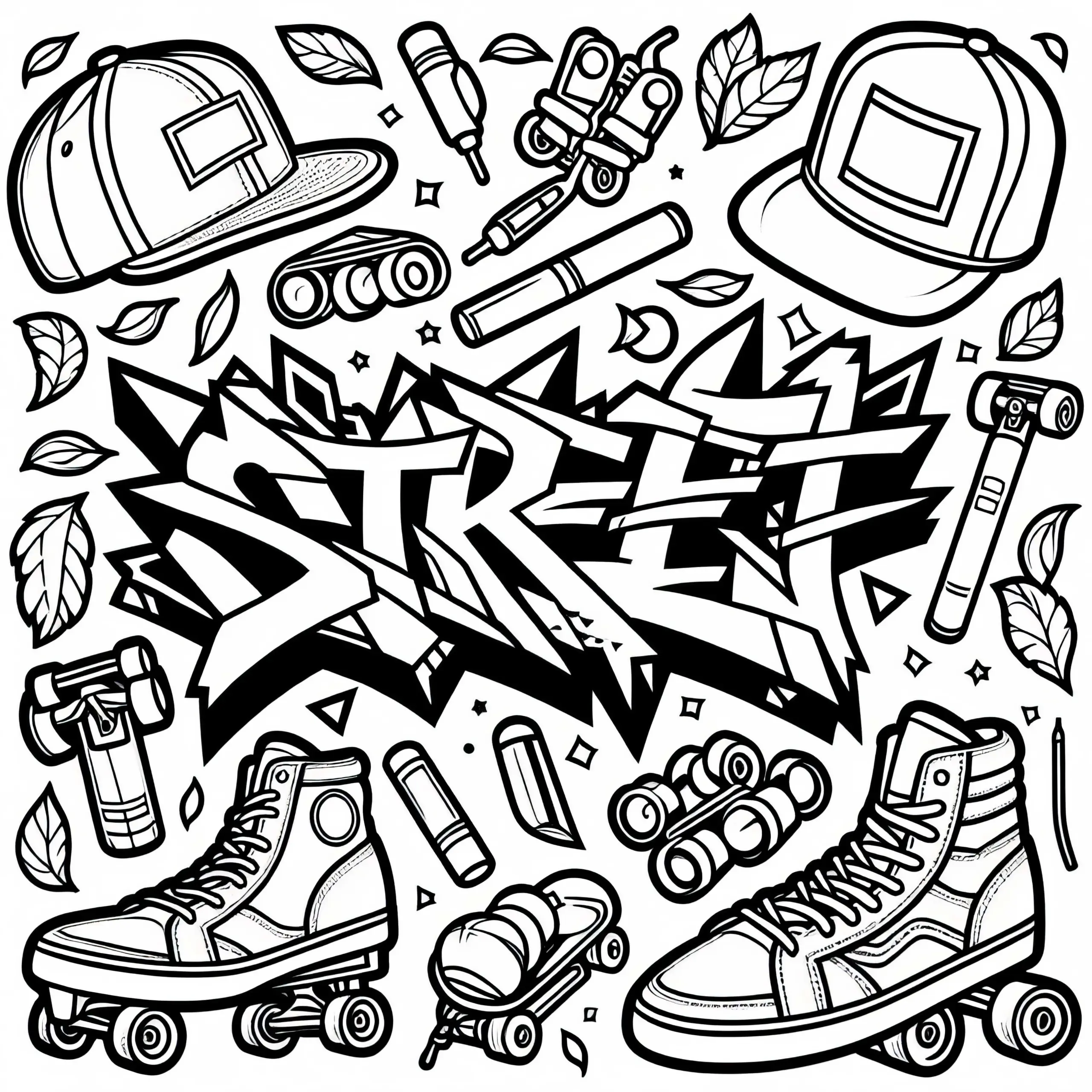 Graffiti mit dem Wort Street umgeben von Rollschuhen – Ausmalbild gratis