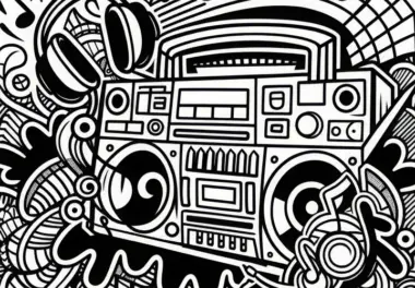 Graffiti Mix mit Boombox, Kopfhörern und Noten – Malvorlage kostenlos