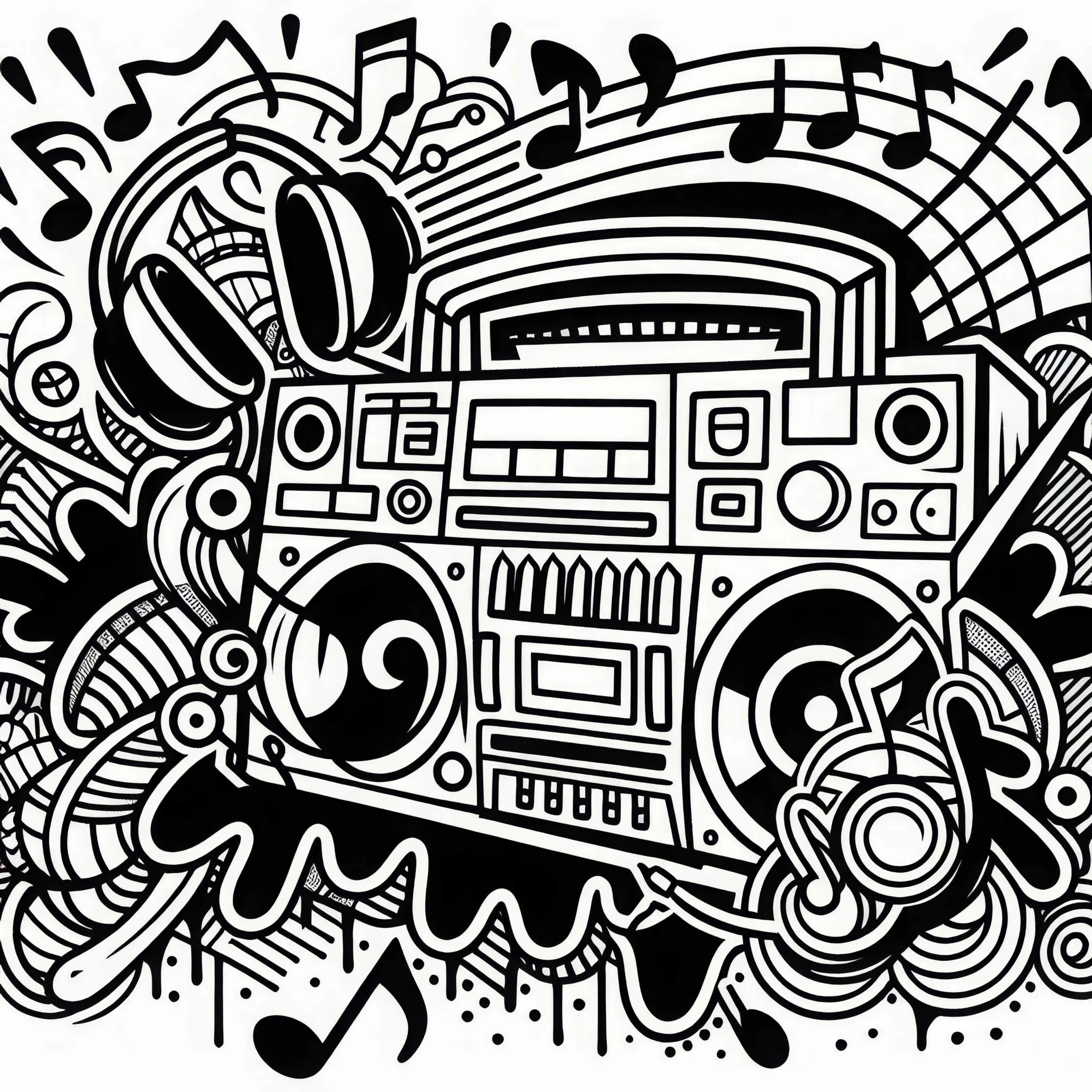 Graffiti Mix mit Boombox, Kopfhörern und Noten – Malvorlage kostenlos (Ausmalbild)