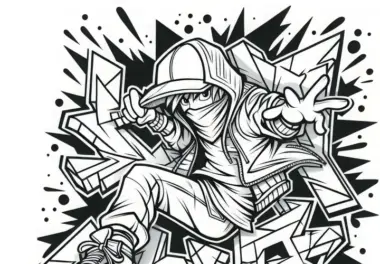 Graffiti-Schriftzug mit dynamischer Figur als Ausmalbild für Jungs ab zwölf Jahren gratis herunterladen