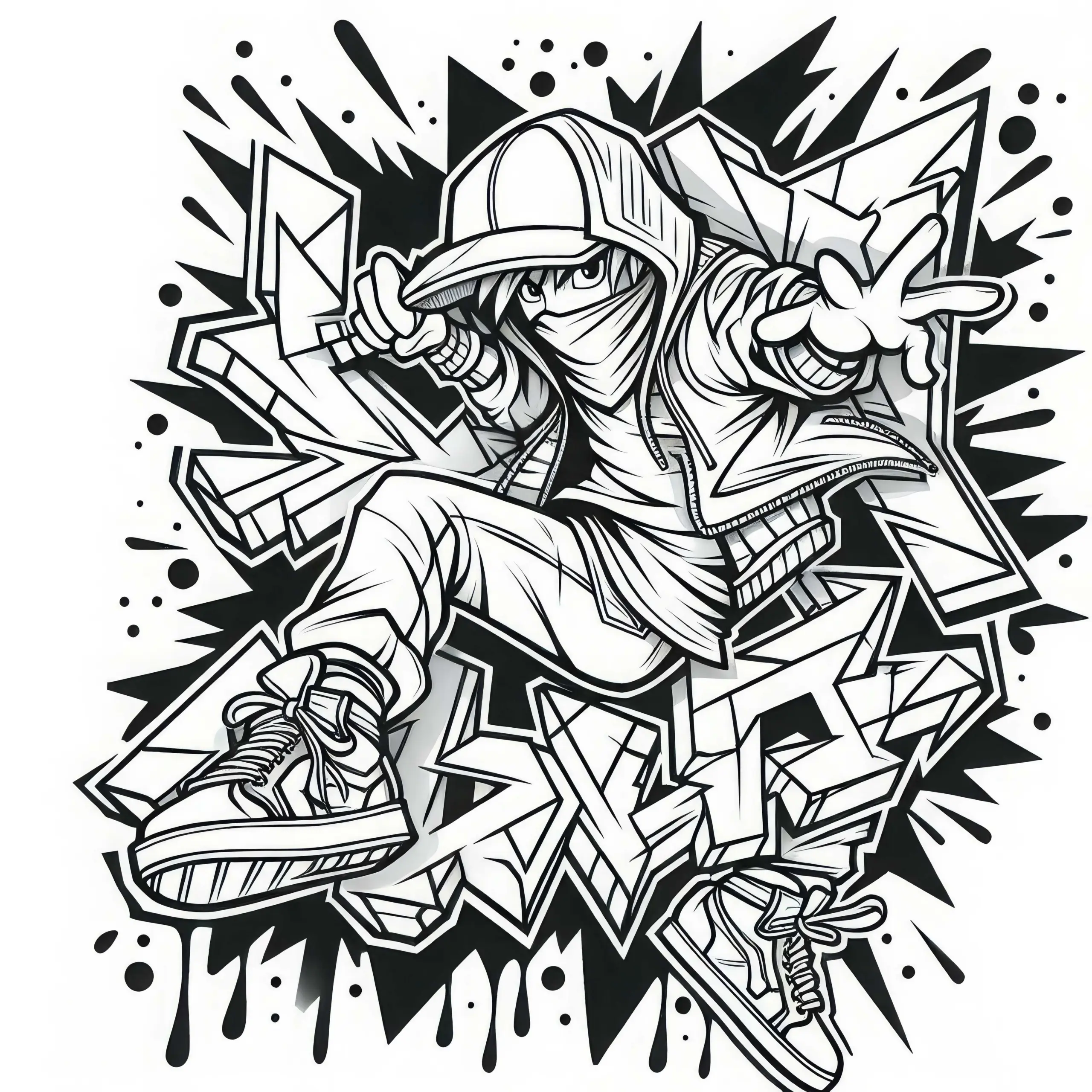 Graffiti-Schriftzug mit dynamischer Figur als Ausmalbild für Jungs ab zwölf Jahren gratis herunterladen