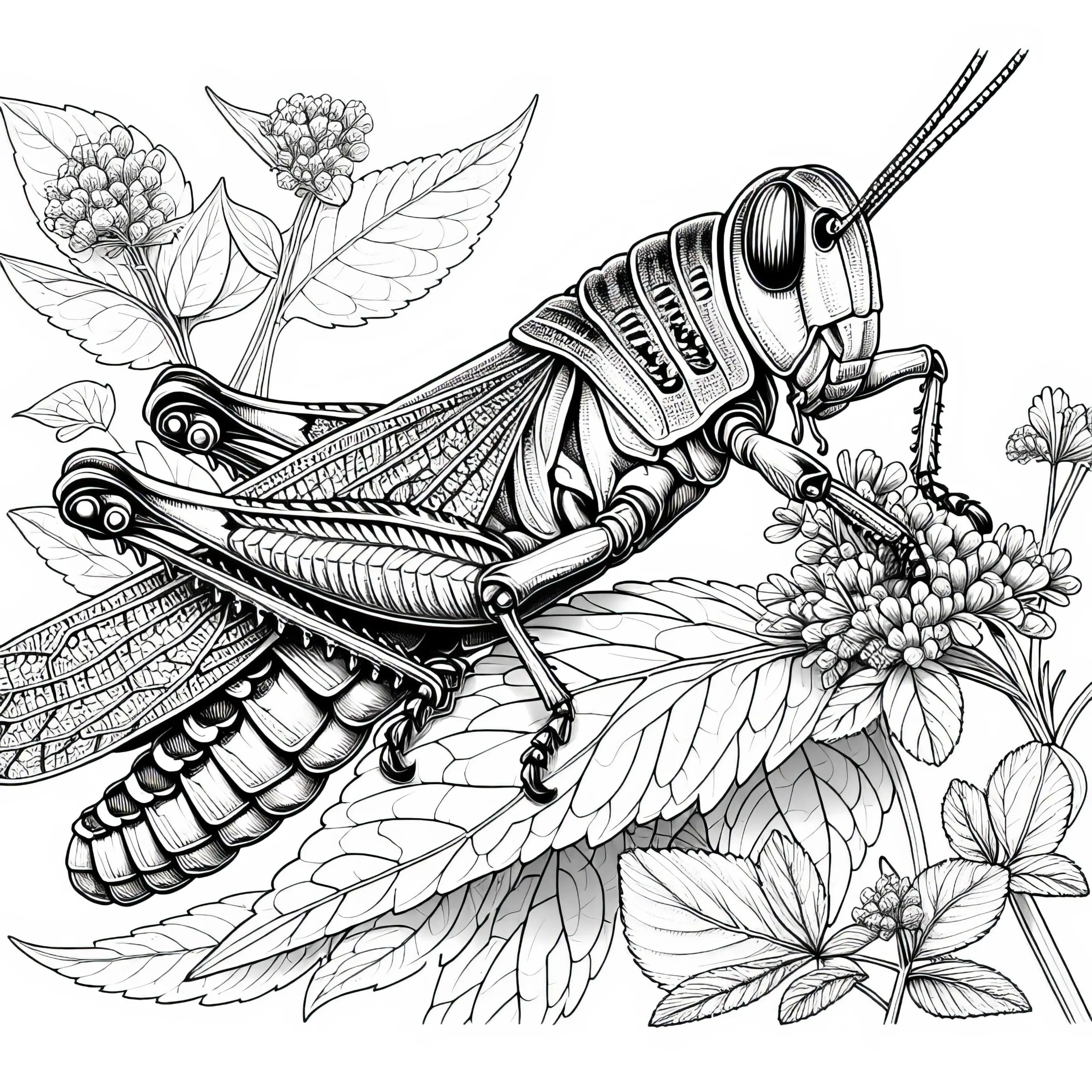Grashüpfer knabbert an Blatt: Ausmalbild zum Download (Kostenlos)