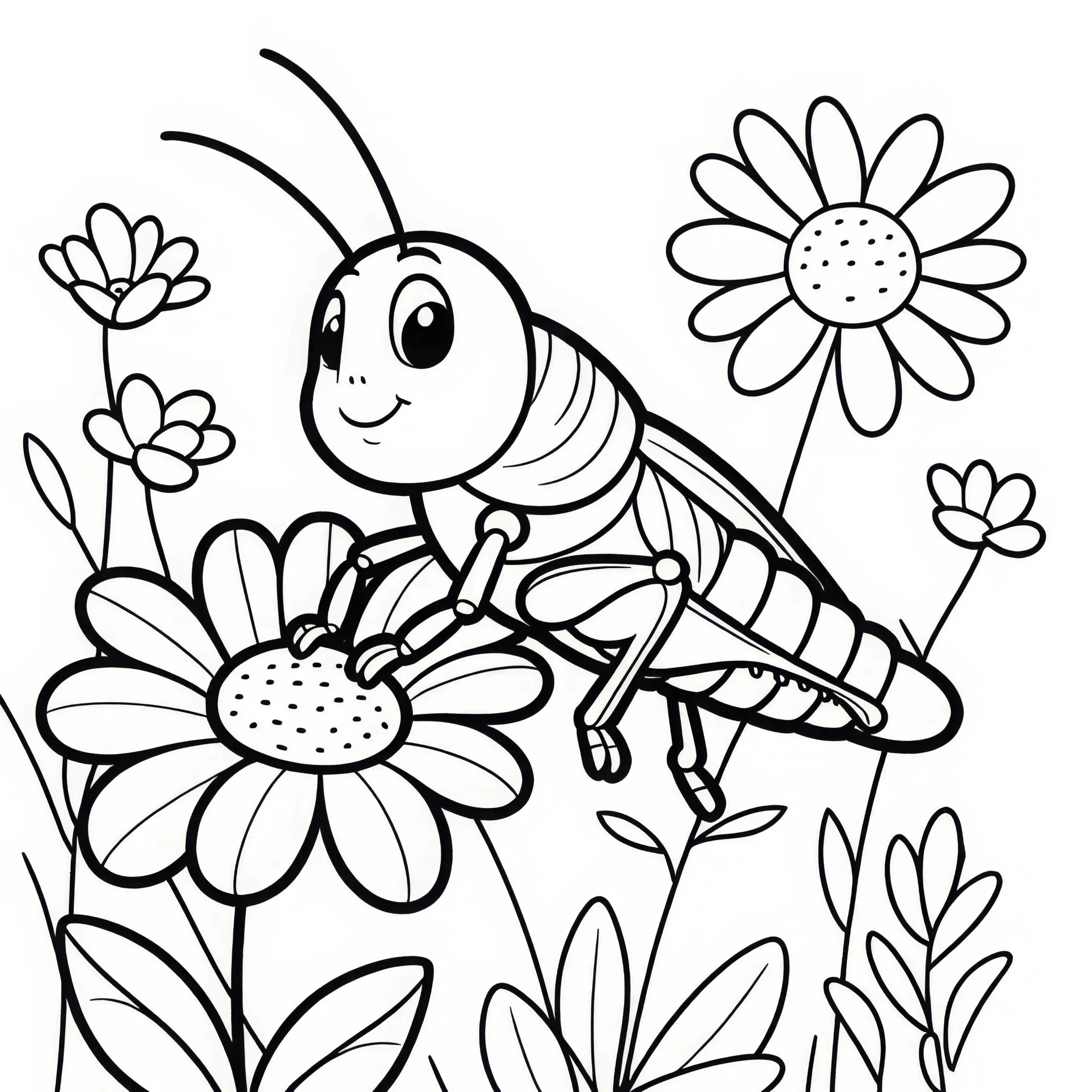Grashüpfer sitzt auf Blume: Malvorlage zum Download (Kostenlos) (Ausmalbild)