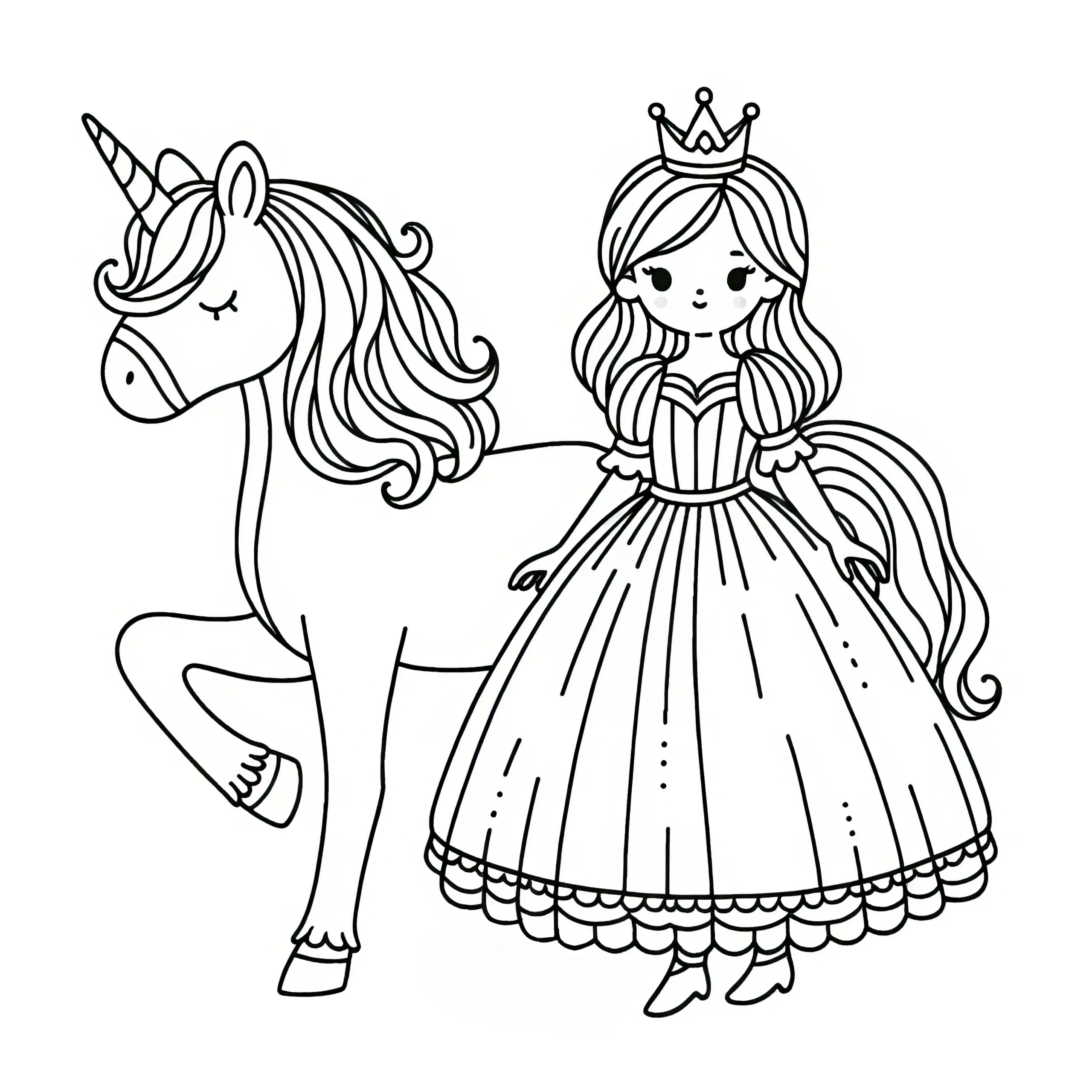 Gratis Ausmalbild: Niedliche Prinzessin vor ihrem Einhorn