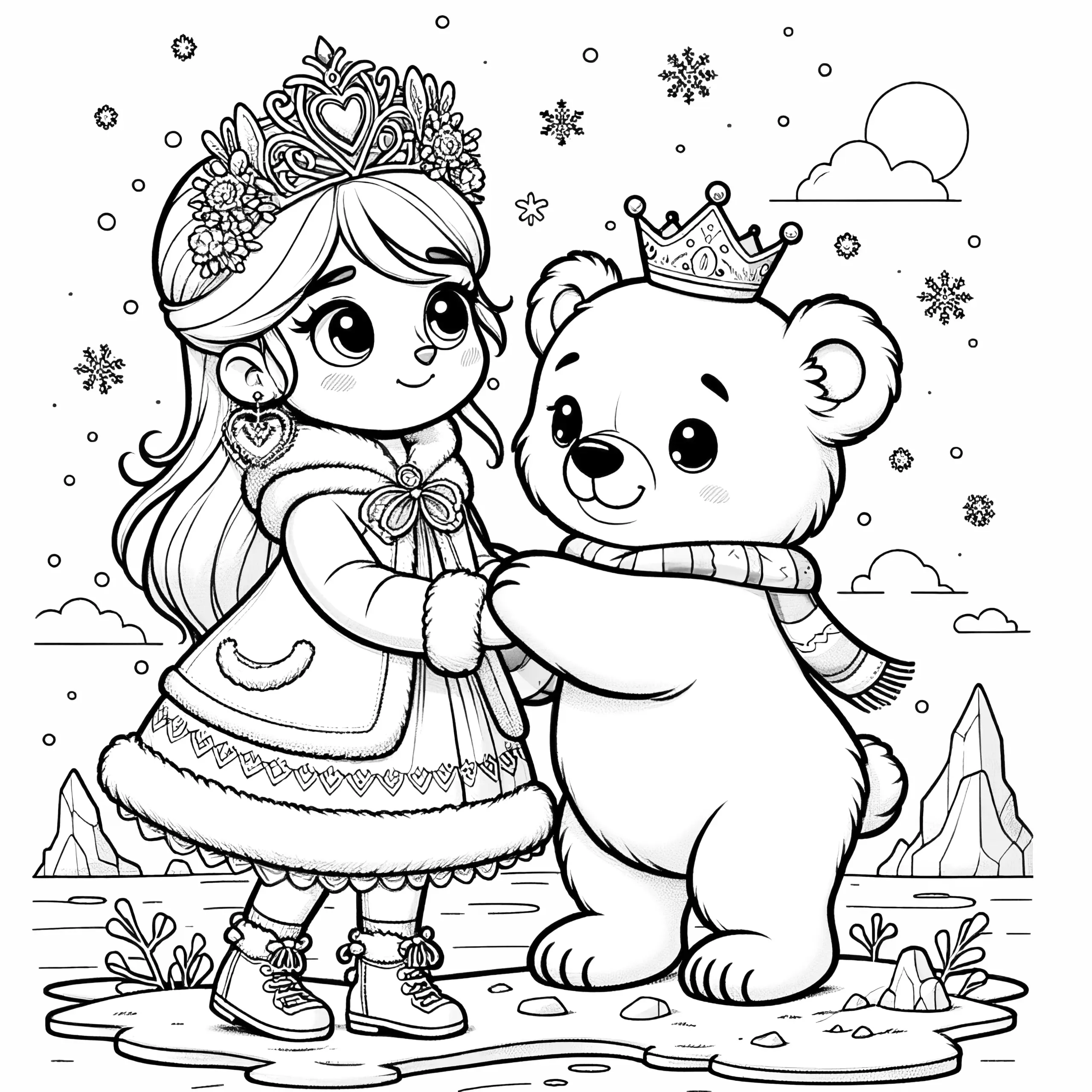 Gratis Malvorlage: Tanzende Prinzessin mit Teddybär in Landschaft (Ausmalbild)
