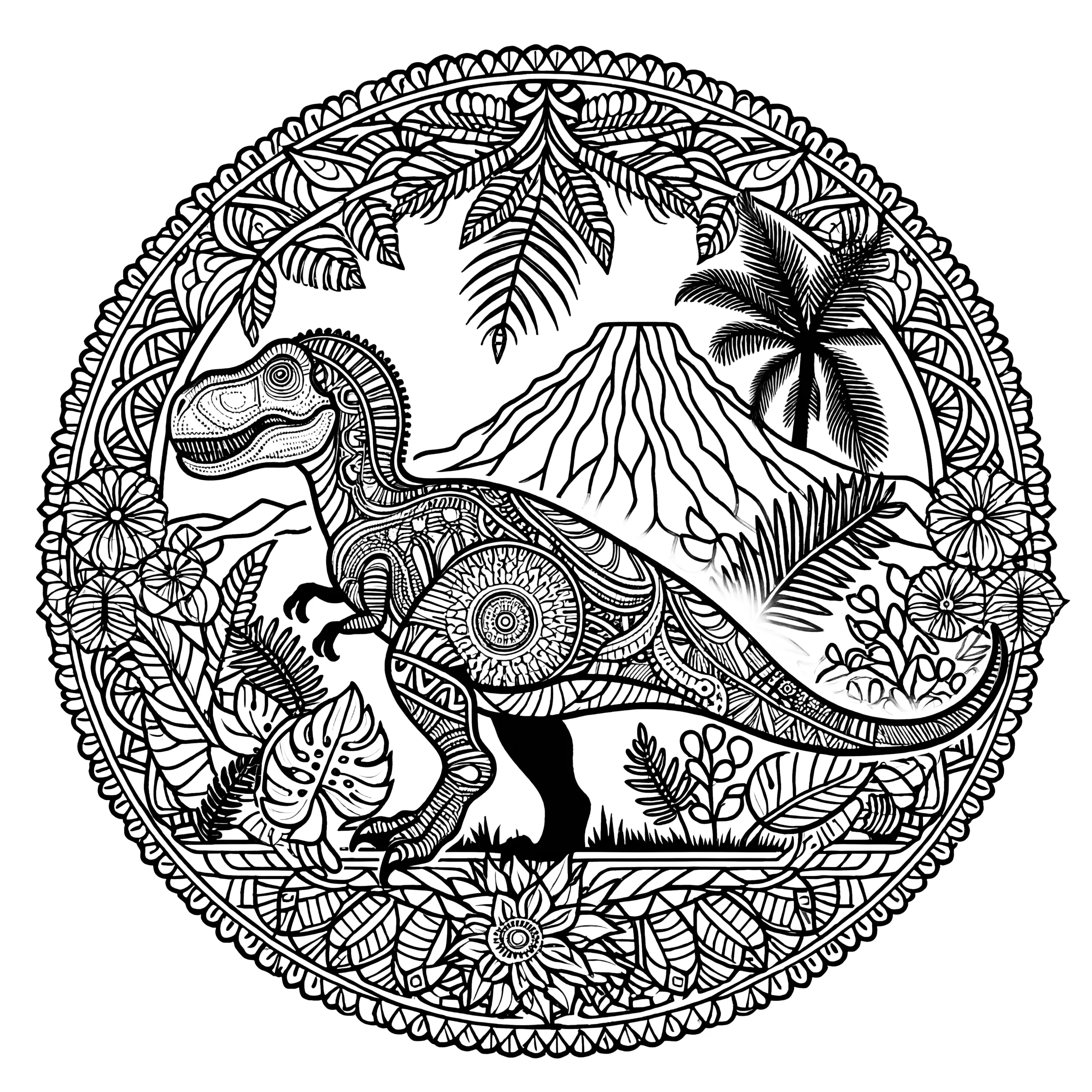 Gratis Mandala zum Ausmalen: T-Rex vor einem Vulkan (Ausmalbild)