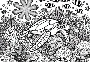 Ausmalbild vom Great Barrier Reef mit Fischen, Schildkröten und Korallen – kostenlos herunterladen!