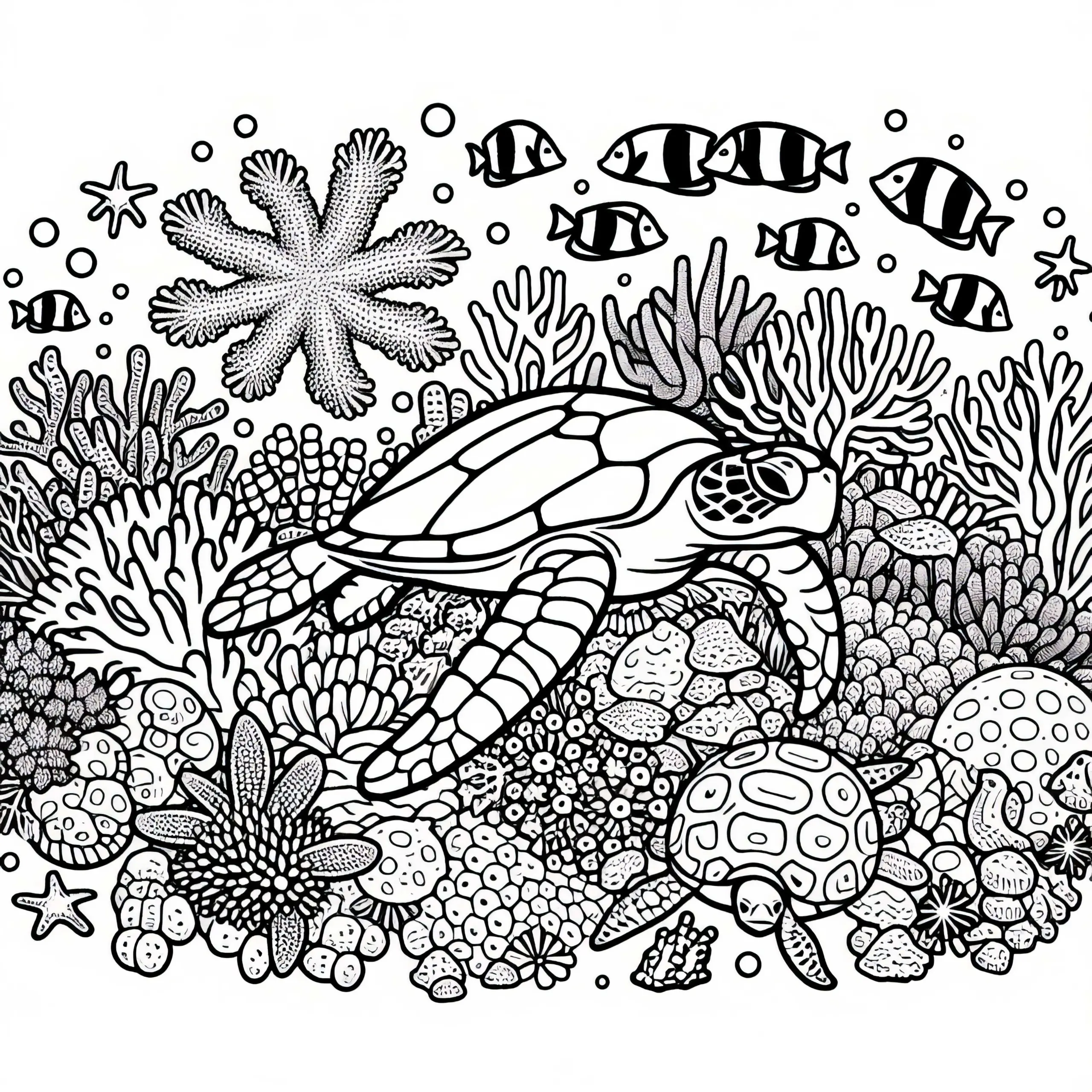 Ausmalbild vom Great Barrier Reef mit Fischen, Schildkröten und Korallen – kostenlos herunterladen!