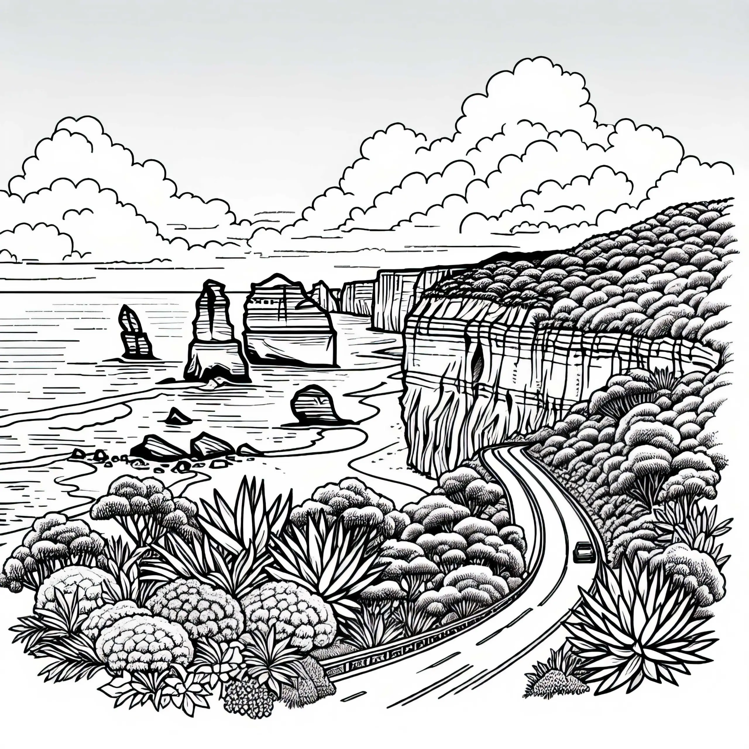 Great Ocean Road mit Steilklippen – Malvorlage Australien Ozeanien gratis (Ausmalbild)