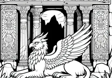 Greif ruht vor altem Tempel – Ausmalbild kostenlos