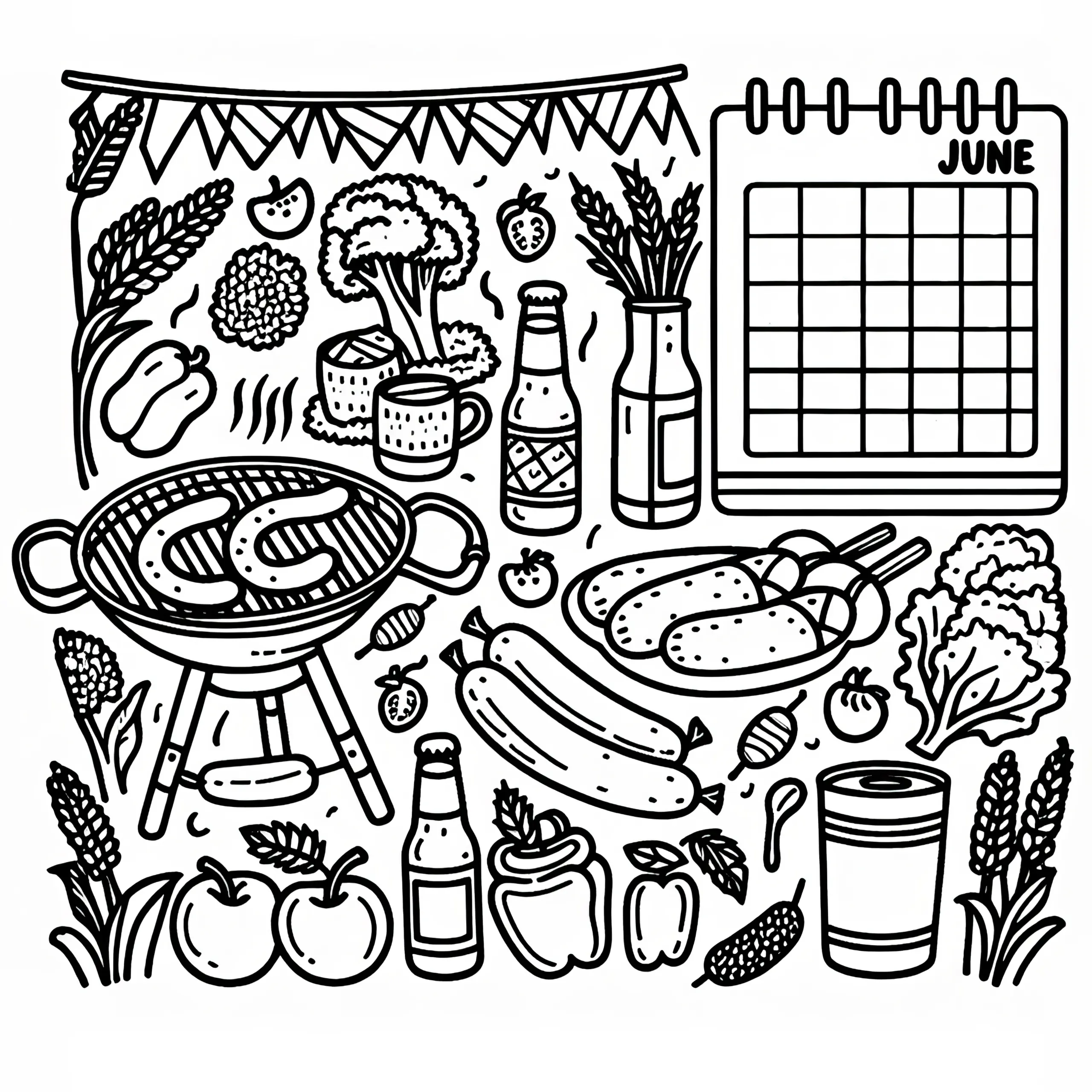 Grillparty mit Würstchen, Gemüse und Getränken im Juni: Gratis Ausmalbild