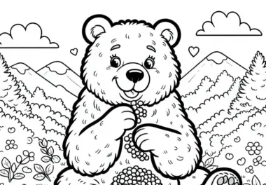 Grizzly sitzt gemütlich auf Wiese und frisst Beeren – Ausmalbild einfach kostenlos